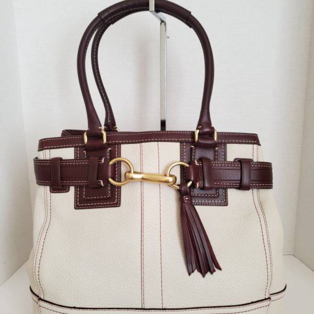 Coach Off White Leather with Brown Leather Trim Shoulder Purse